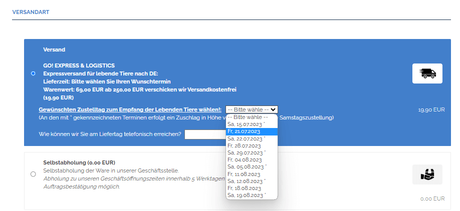 Versendung zum Wunschliefertag für lebende Tiere